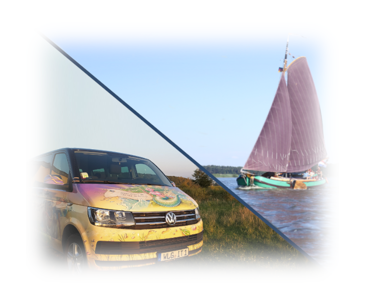 Kleinbus Inseltours und die Twee Gebroeders unter Segeln